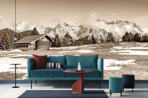 Letzte Schneereste auf den Wiesen und das Karwendelgebirge im Hintergrund - Viel ist nicht mehr übrig - Größe ca. 400x200cm, Seitenverhältnis 2:1 - Heustadel und Karwendel - weitere Infos unter https://www.kriner-weiermann.de