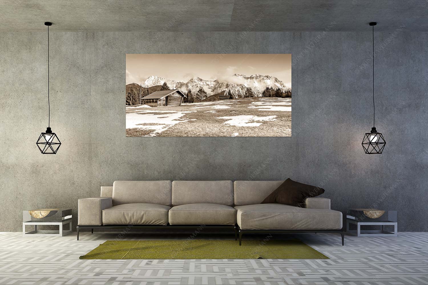 Viel ist nicht mehr übrig – Größe ca. 200x100cm, Seitenverhältnis 2:1 — Heustadel und Karwendel Letzte Schneereste auf den Wiesen und das Karwendelgebirge im Hintergrund - Viel ist nicht mehr übrig - Größe ca. 200x100cm, Seitenverhältnis 2:1 - Heustadel und Karwendel - weitere Infos unter https://www.kriner-weiermann.de