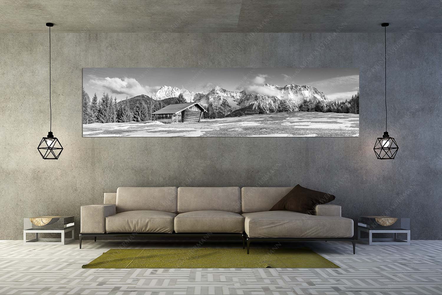 Letzte Schneereste auf den Wiesen und das Karwendelgebirge im Hintergrund - Viel ist nicht mehr übrig - Größe ca. 320x80cm, Seitenverhältnis 4:1 - Heustadel und Karwendel - weitere Infos unter https://www.kriner-weiermann.de