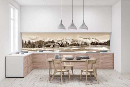 Letzte Schneereste auf den Wiesen und das Karwendelgebirge im Hintergrund - Viel ist nicht mehr übrig - Größe ca. 400x100cm, Seitenverhältnis 4:1 - Heustadel und Karwendel - weitere Infos unter https://www.kriner-weiermann.de