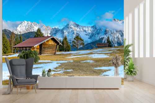 Letzte Schneereste auf den Wiesen und das Karwendelgebirge im Hintergrund - Viel ist nicht mehr übrig - Größe ca. 300x200cm, Seitenverhältnis 3:2 - Heustadel und Karwendel - weitere Infos unter https://www.kriner-weiermann.de