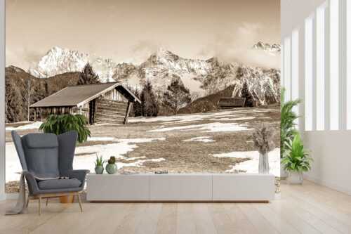 Letzte Schneereste auf den Wiesen und das Karwendelgebirge im Hintergrund - Viel ist nicht mehr übrig - Größe ca. 300x200cm, Seitenverhältnis 3:2 - Heustadel und Karwendel - weitere Infos unter https://www.kriner-weiermann.de