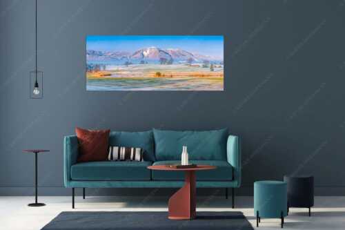 Blick über die Ach bei Uffing zum Hörnle in den Ammergauer Alpen - Voralpenland - Größe ca. 175x70cm, Seitenverhältnis 2,5:1 - Uffinger Ach mit Hörnle - weitere Infos unter https://www.kriner-weiermann.de