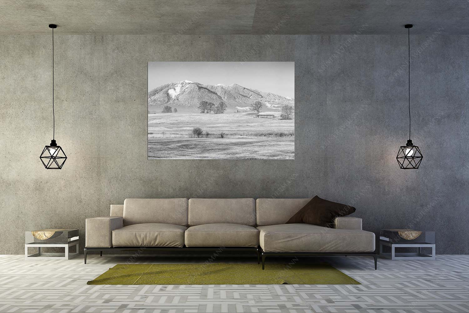 Voralpenland – Größe ca. 180x120cm, Seitenverhältnis 3:2 — Uffinger Ach mit Hörnle Blick über die Ach bei Uffing zum Hörnle in den Ammergauer Alpen - Voralpenland - Größe ca. 180x120cm, Seitenverhältnis 3:2 - Uffinger Ach mit Hörnle - weitere Infos unter https://www.kriner-weiermann.de