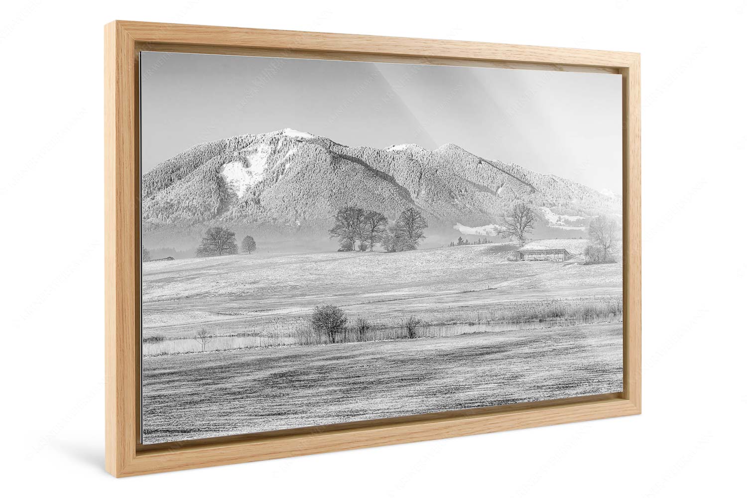 Voralpenland – Foto im Schattenfugen-Rahmen — Uffinger Ach mit Hörnle Blick über die Ach bei Uffing zum Hörnle in den Ammergauer Alpen - Voralpenland - Foto im Schattenfugen-Rahmen - Uffinger Ach mit Hörnle - weitere Infos unter https://www.kriner-weiermann.de