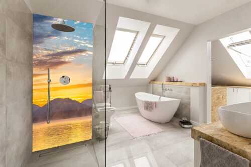 Blick über den Silvensteinsee zum kurz bevorstehenden Sonnenaufgang - Vorglühen am Silvenstein - Größe ca. 110x220cm, Seitenverhältnis 1:2 - Silvensteinsee Sonnenaufgang - weitere Infos unter https://www.kriner-weiermann.de