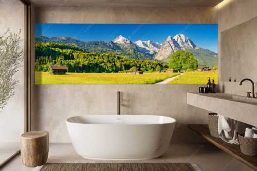 Blick über den Hammersbacherweg auf die Alpspitze und Waxensteine im Wettersteingebirge - Wahrzeichen - Größe ca. 300x100cm, Seitenverhältnis 3:1 - Garmisch-Partenkirchen mit Alpspitze - weitere Infos unter https://www.kriner-weiermann.de