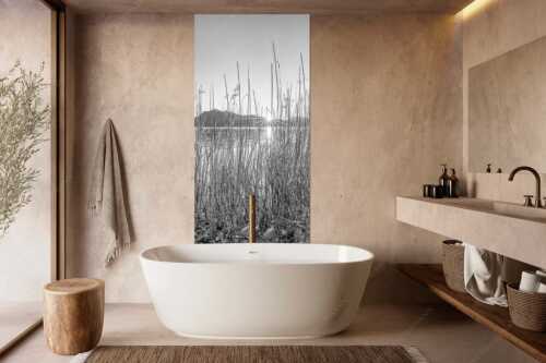 Schilfufer am Walchensee mit Sonnenaufgang am Jochberg - Walchenseeschilf - Größe ca. 100x200cm, Seitenverhältnis 1:2 - Walchensee Sonnenaufgang Jochberg - weitere Infos unter https://www.kriner-weiermann.de
