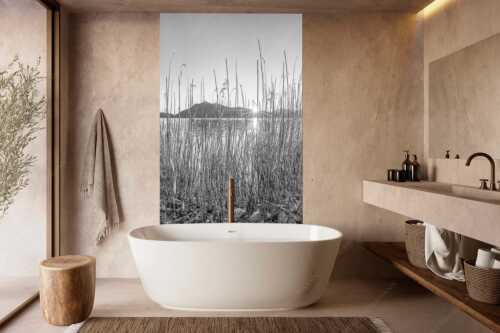 Schilfufer am Walchensee mit Sonnenaufgang am Jochberg - Walchenseeschilf - Größe ca. 160x240cm, Seitenverhältnis 2:3 - Walchensee Sonnenaufgang Jochberg - weitere Infos unter https://www.kriner-weiermann.de