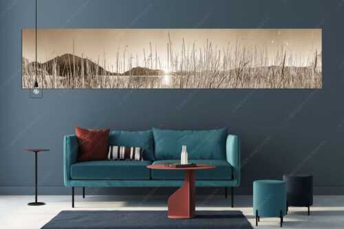 Schilfufer am Walchensee mit Sonnenaufgang am Jochberg - Walchenseeschilf - Größe ca. 350x70cm, Seitenverhältnis 5:1 - Walchensee Sonnenaufgang Jochberg - weitere Infos unter https://www.kriner-weiermann.de