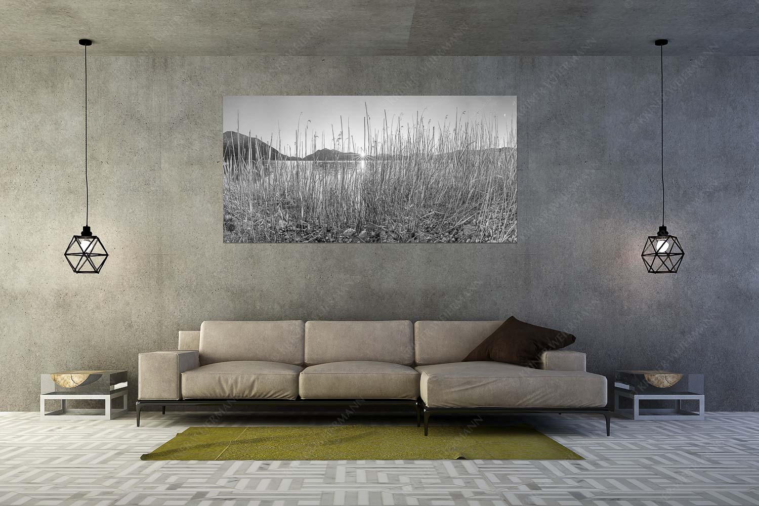 Schilfufer am Walchensee mit Sonnenaufgang am Jochberg - Walchenseeschilf - Größe ca. 200x100cm, Seitenverhältnis 2:1 - Walchensee Sonnenaufgang Jochberg - weitere Infos unter https://www.kriner-weiermann.de