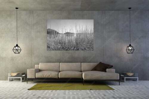 Schilfufer am Walchensee mit Sonnenaufgang am Jochberg - Walchenseeschilf - Größe ca. 180x120cm, Seitenverhältnis 3:2 - Walchensee Sonnenaufgang Jochberg - weitere Infos unter https://www.kriner-weiermann.de