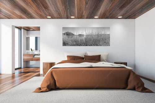 Schilfufer am Walchensee mit Sonnenaufgang am Jochberg - Walchenseeschilf - Größe ca. 200x80cm, Seitenverhältnis 2,5:1 - Walchensee Sonnenaufgang Jochberg - weitere Infos unter https://www.kriner-weiermann.de