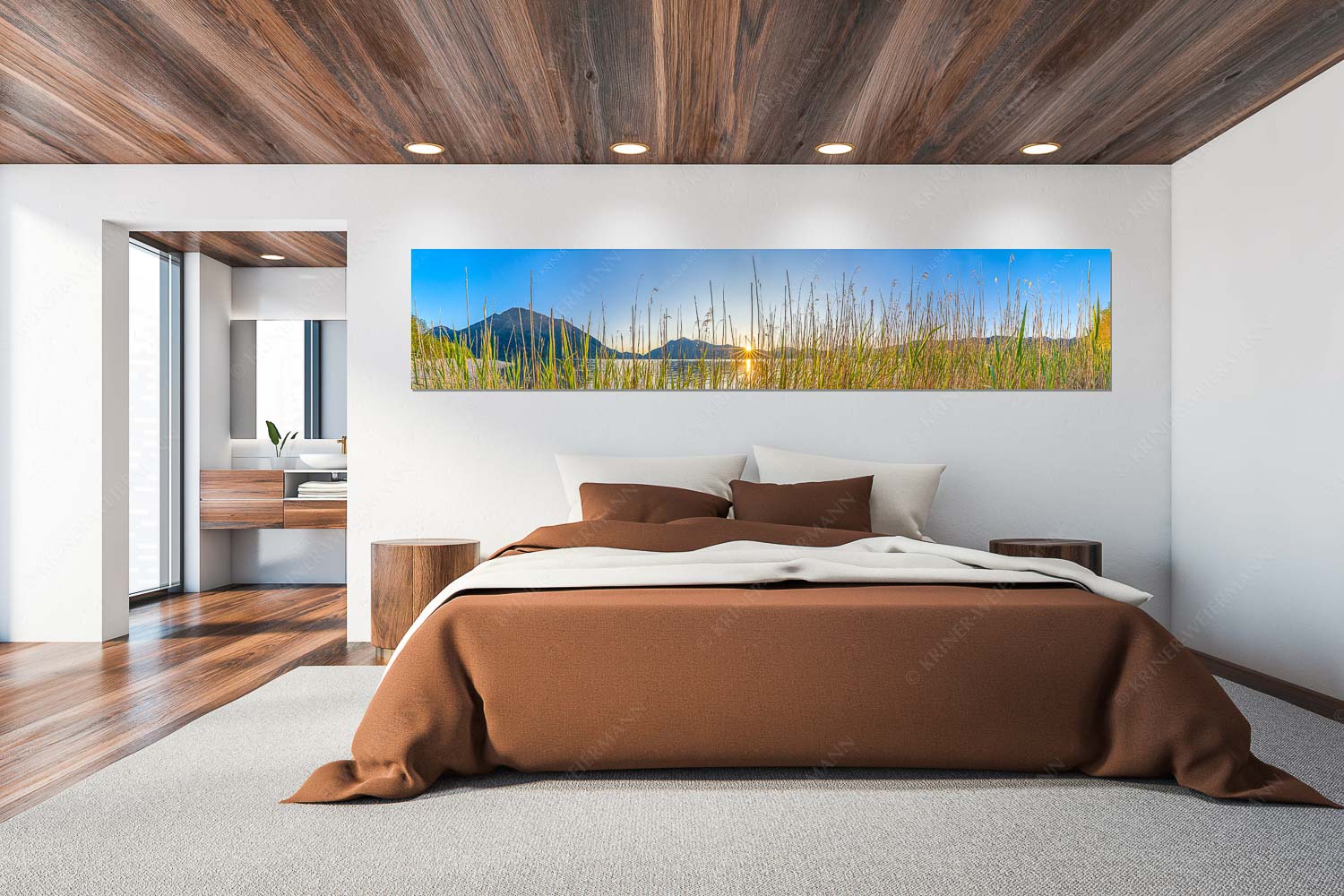 Schilfufer am Walchensee mit Sonnenaufgang am Jochberg - Walchenseeschilf - Größe ca. 300x60cm, Seitenverhältnis 5:1 - Walchensee Sonnenaufgang Jochberg - weitere Infos unter https://www.kriner-weiermann.de