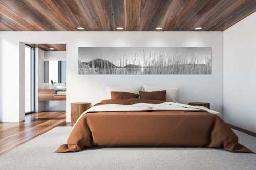 Schilfufer am Walchensee mit Sonnenaufgang am Jochberg - Walchenseeschilf - Größe ca. 300x60cm, Seitenverhältnis 5:1 - Walchensee Sonnenaufgang Jochberg - weitere Infos unter https://www.kriner-weiermann.de