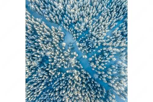 Blick auf Weg durch den stark verschneiten Wald bei Krün - Waldeinblicke - Seitenverhältnis 1:1 - Winterwald von Oben Draufsicht - weitere Infos unter https://www.kriner-weiermann.de