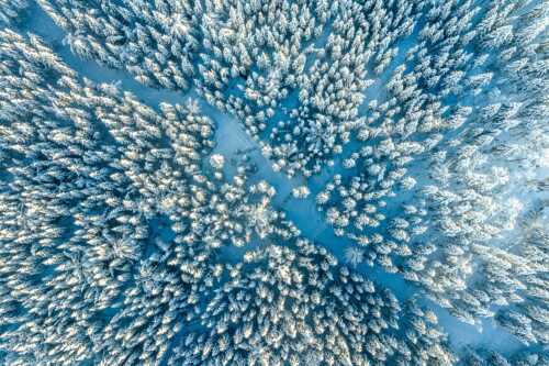 Blick auf Weg durch den stark verschneiten Wald bei Krün - Waldeinblicke - Seitenverhältnis 3:2 - Winterwald von Oben Draufsicht - weitere Infos unter https://www.kriner-weiermann.de