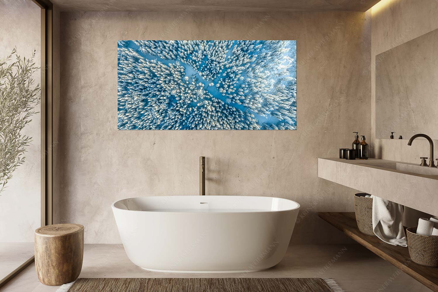 Waldeinblicke – Größe ca. 180x90cm, Seitenverhältnis 2:1 — Winterwald von Oben Draufsicht Blick auf Weg durch den stark verschneiten Wald bei Krün - Waldeinblicke - Größe ca. 180x90cm, Seitenverhältnis 2:1 - Winterwald von Oben Draufsicht - weitere Infos unter https://www.kriner-weiermann.de