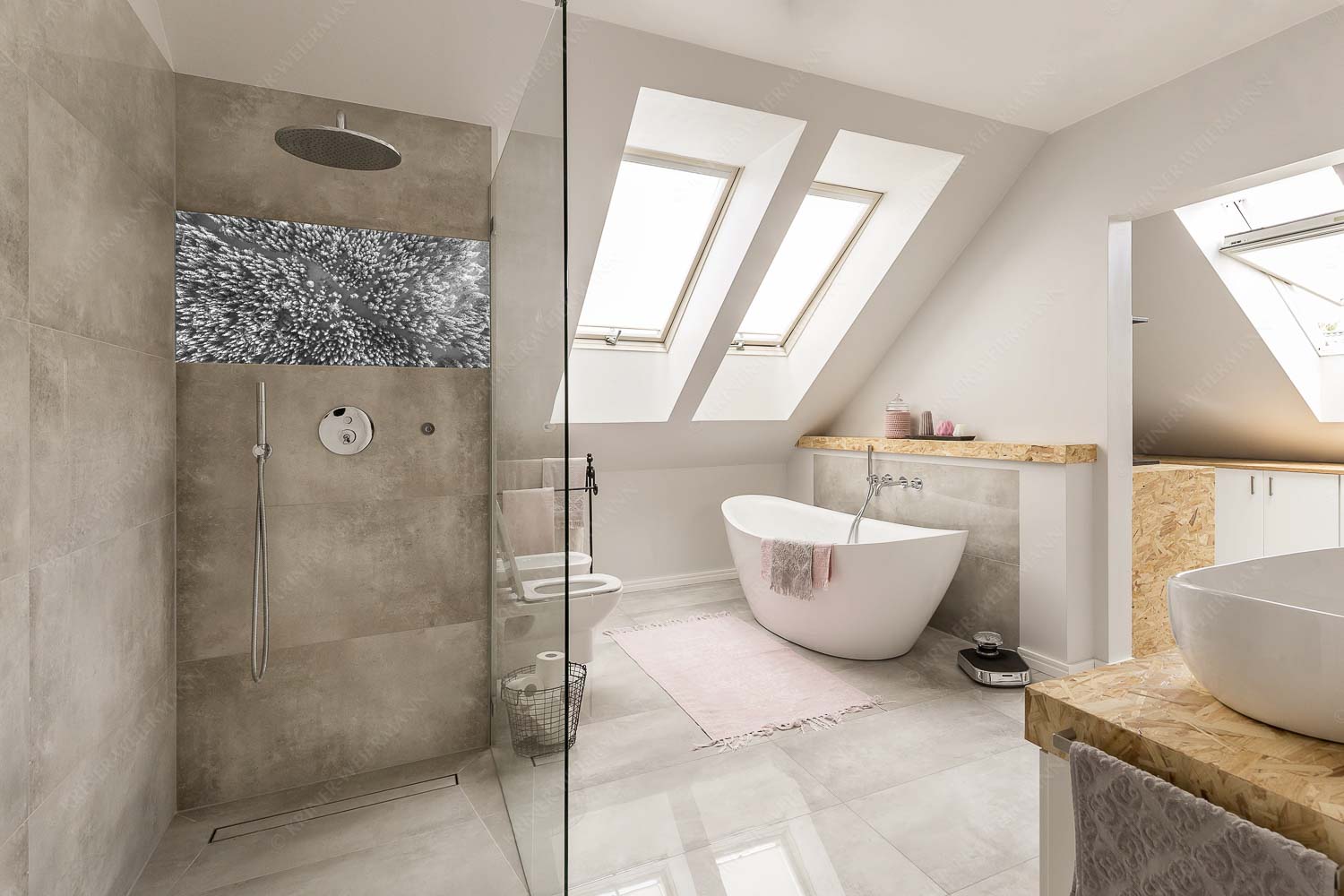 Waldeinblicke – Größe ca. 100x50cm, Seitenverhältnis 2:1 — Winterwald von Oben Draufsicht Blick auf Weg durch den stark verschneiten Wald bei Krün - Waldeinblicke - Größe ca. 100x50cm, Seitenverhältnis 2:1 - Winterwald von Oben Draufsicht - weitere Infos unter https://www.kriner-weiermann.de