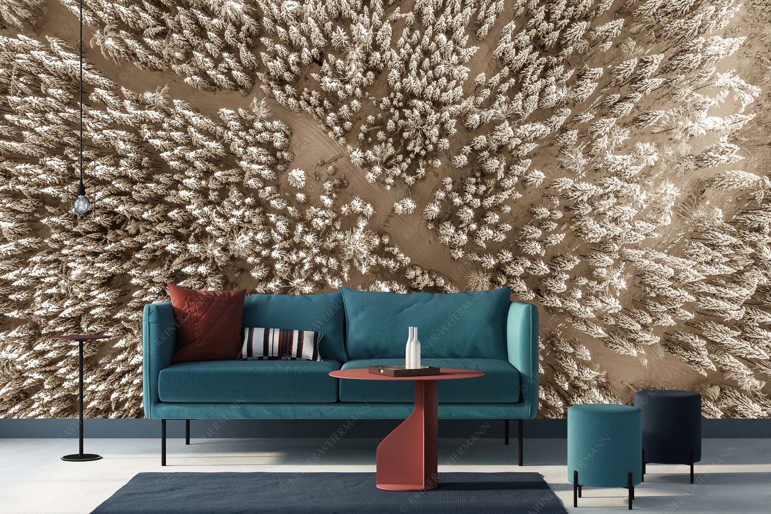 Waldeinblicke – Größe ca. 400x200cm, Seitenverhältnis 2:1 — Winterwald von Oben Draufsicht Blick auf Weg durch den stark verschneiten Wald bei Krün - Waldeinblicke - Größe ca. 400x200cm, Seitenverhältnis 2:1 - Winterwald von Oben Draufsicht - weitere Infos unter https://www.kriner-weiermann.de