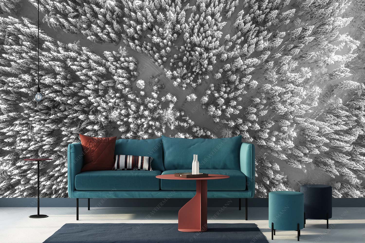 Waldeinblicke – Größe ca. 400x200cm, Seitenverhältnis 2:1 — Winterwald von Oben Draufsicht Blick auf Weg durch den stark verschneiten Wald bei Krün - Waldeinblicke - Größe ca. 400x200cm, Seitenverhältnis 2:1 - Winterwald von Oben Draufsicht - weitere Infos unter https://www.kriner-weiermann.de