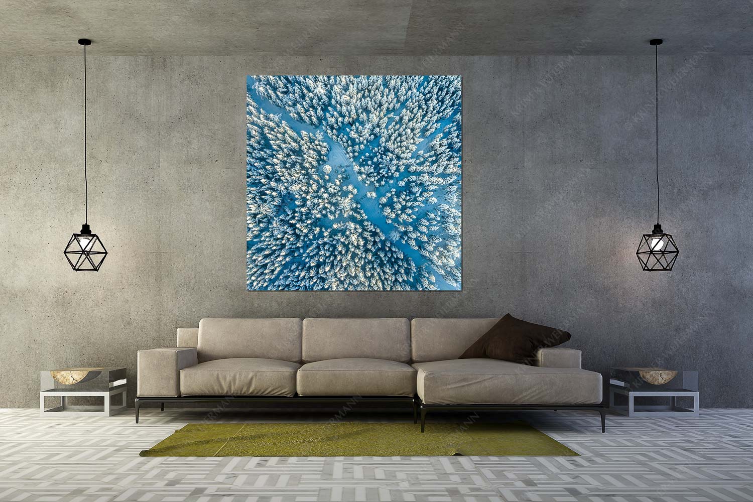 Waldeinblicke – Größe ca. 160x160cm, Seitenverhältnis 1:1 — Winterwald von Oben Draufsicht Blick auf Weg durch den stark verschneiten Wald bei Krün - Waldeinblicke - Größe ca. 160x160cm, Seitenverhältnis 1:1 - Winterwald von Oben Draufsicht - weitere Infos unter https://www.kriner-weiermann.de