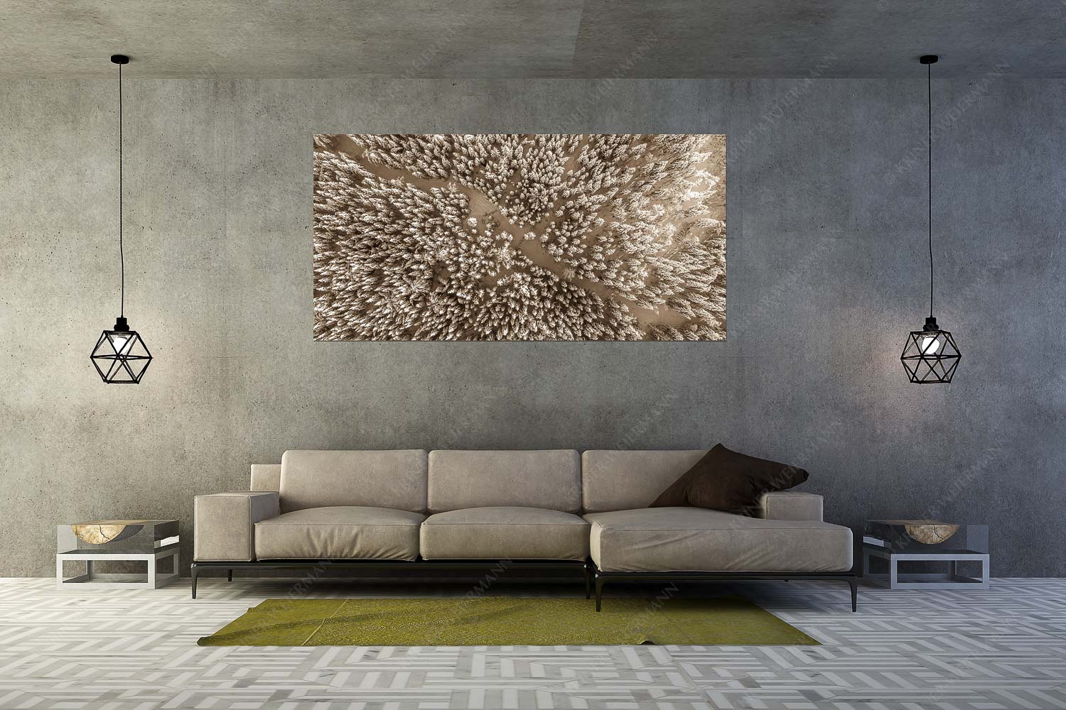 Waldeinblicke – Größe ca. 200x100cm, Seitenverhältnis 2:1 — Winterwald von Oben Draufsicht Blick auf Weg durch den stark verschneiten Wald bei Krün - Waldeinblicke - Größe ca. 200x100cm, Seitenverhältnis 2:1 - Winterwald von Oben Draufsicht - weitere Infos unter https://www.kriner-weiermann.de