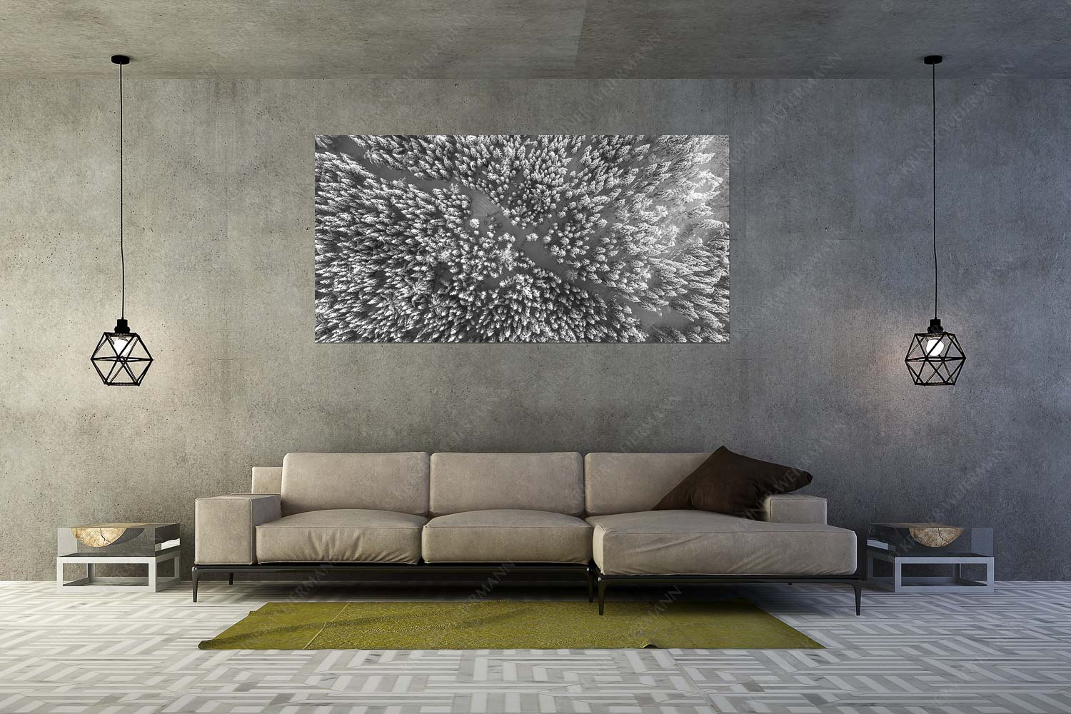 Waldeinblicke – Größe ca. 200x100cm, Seitenverhältnis 2:1 — Winterwald von Oben Draufsicht Blick auf Weg durch den stark verschneiten Wald bei Krün - Waldeinblicke - Größe ca. 200x100cm, Seitenverhältnis 2:1 - Winterwald von Oben Draufsicht - weitere Infos unter https://www.kriner-weiermann.de