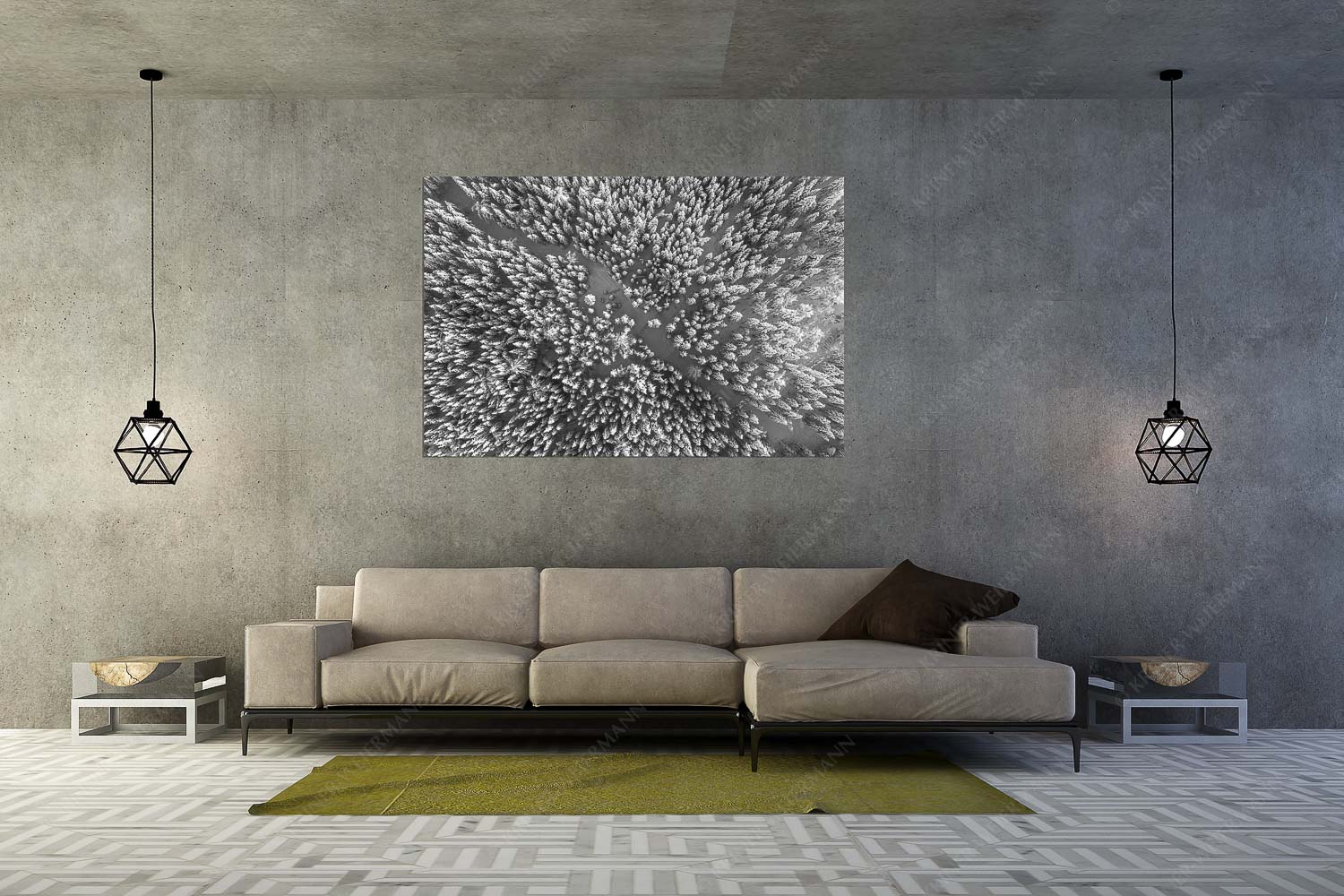 Waldeinblicke – Größe ca. 180x120cm, Seitenverhältnis 3:2 — Winterwald von Oben Draufsicht Blick auf Weg durch den stark verschneiten Wald bei Krün - Waldeinblicke - Größe ca. 180x120cm, Seitenverhältnis 3:2 - Winterwald von Oben Draufsicht - weitere Infos unter https://www.kriner-weiermann.de