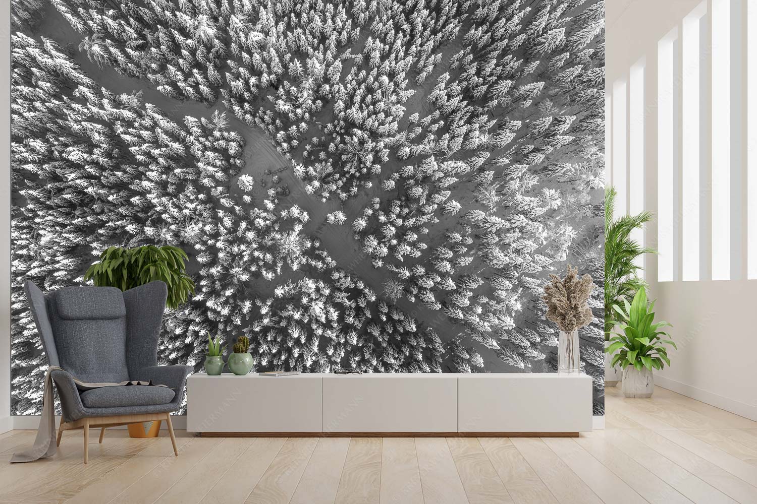 Waldeinblicke – Größe ca. 300x200cm, Seitenverhältnis 3:2 — Winterwald von Oben Draufsicht Blick auf Weg durch den stark verschneiten Wald bei Krün - Waldeinblicke - Größe ca. 300x200cm, Seitenverhältnis 3:2 - Winterwald von Oben Draufsicht - weitere Infos unter https://www.kriner-weiermann.de