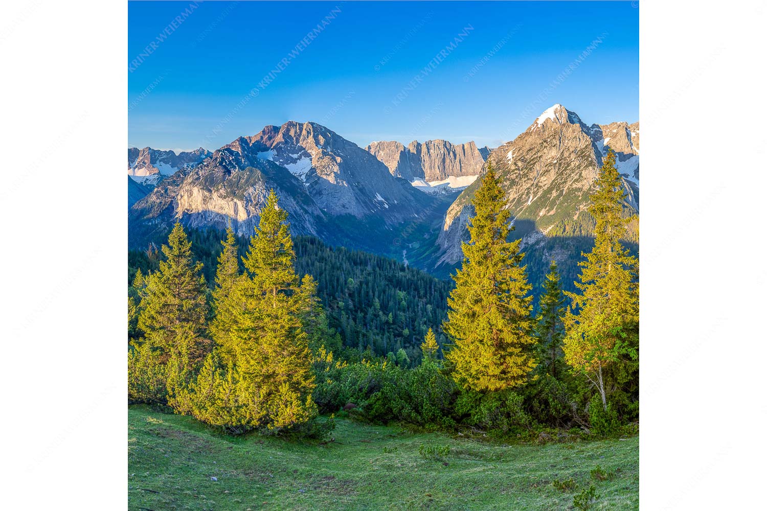 Warmes Morgenlicht – Seitenverhältnis 1:1 — Gamsjoch und Falken im Karwendel Blick durchs Laliderertal im Karwendelgebirge