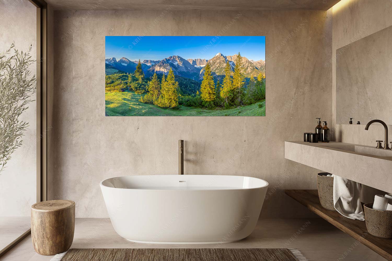 Warmes Morgenlicht – Größe ca. 180x90cm, Seitenverhältnis 2:1 — Gamsjoch und Falken im Karwendel Blick durchs Laliderertal im Karwendelgebirge - Warmes Morgenlicht - Größe ca. 180x90cm, Seitenverhältnis 2:1 - Gamsjoch und Falken im Karwendel - weitere Infos unter https://www.kriner-weiermann.de