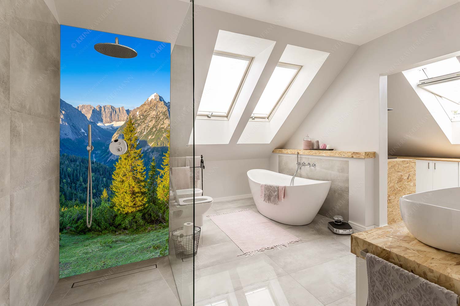 Warmes Morgenlicht – Größe ca. 110x220cm, Seitenverhältnis 1: — Gamsjoch und Falken im Karwendel Blick durchs Laliderertal im Karwendelgebirge - Warmes Morgenlicht - Größe ca. 110x220cm, Seitenverhältnis 1: - Gamsjoch und Falken im Karwendel - weitere Infos unter https://www.kriner-weiermann.de