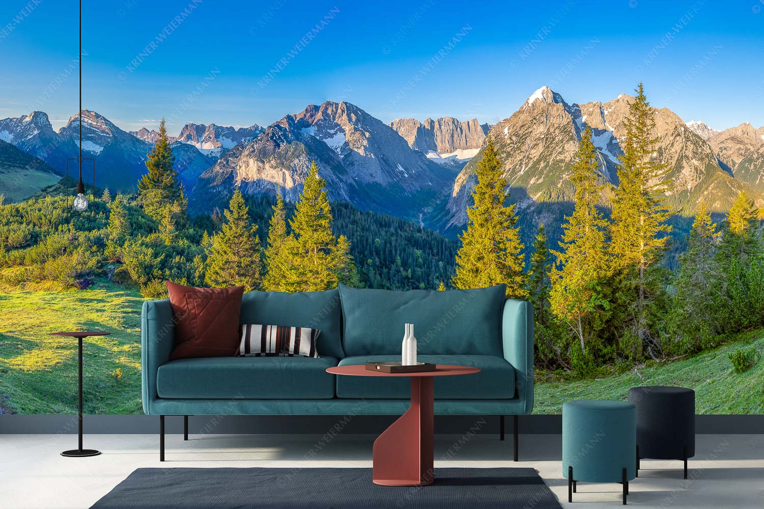 Warmes Morgenlicht – Größe ca. 400x200cm, Seitenverhältnis 2: — Gamsjoch und Falken im Karwendel Blick durchs Laliderertal im Karwendelgebirge - Warmes Morgenlicht - Größe ca. 400x200cm, Seitenverhältnis 2: - Gamsjoch und Falken im Karwendel - weitere Infos unter https://www.kriner-weiermann.de