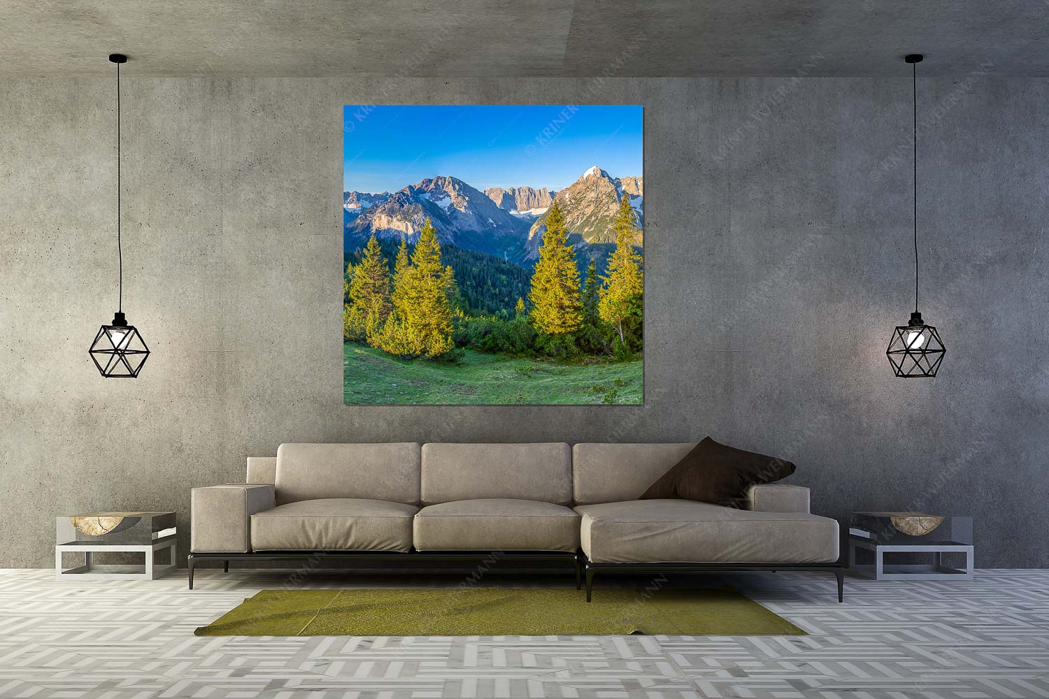 Warmes Morgenlicht – Größe ca. 160x160cm, Seitenverhältnis 1: — Gamsjoch und Falken im Karwendel Blick durchs Laliderertal im Karwendelgebirge - Warmes Morgenlicht - Größe ca. 160x160cm, Seitenverhältnis 1: - Gamsjoch und Falken im Karwendel - weitere Infos unter https://www.kriner-weiermann.de