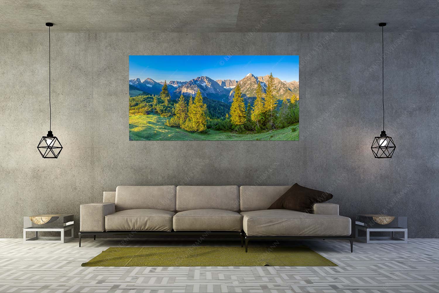 Warmes Morgenlicht – Größe ca. 200x100cm, Seitenverhältnis 2: — Gamsjoch und Falken im Karwendel Blick durchs Laliderertal im Karwendelgebirge - Warmes Morgenlicht - Größe ca. 200x100cm, Seitenverhältnis 2: - Gamsjoch und Falken im Karwendel - weitere Infos unter https://www.kriner-weiermann.de
