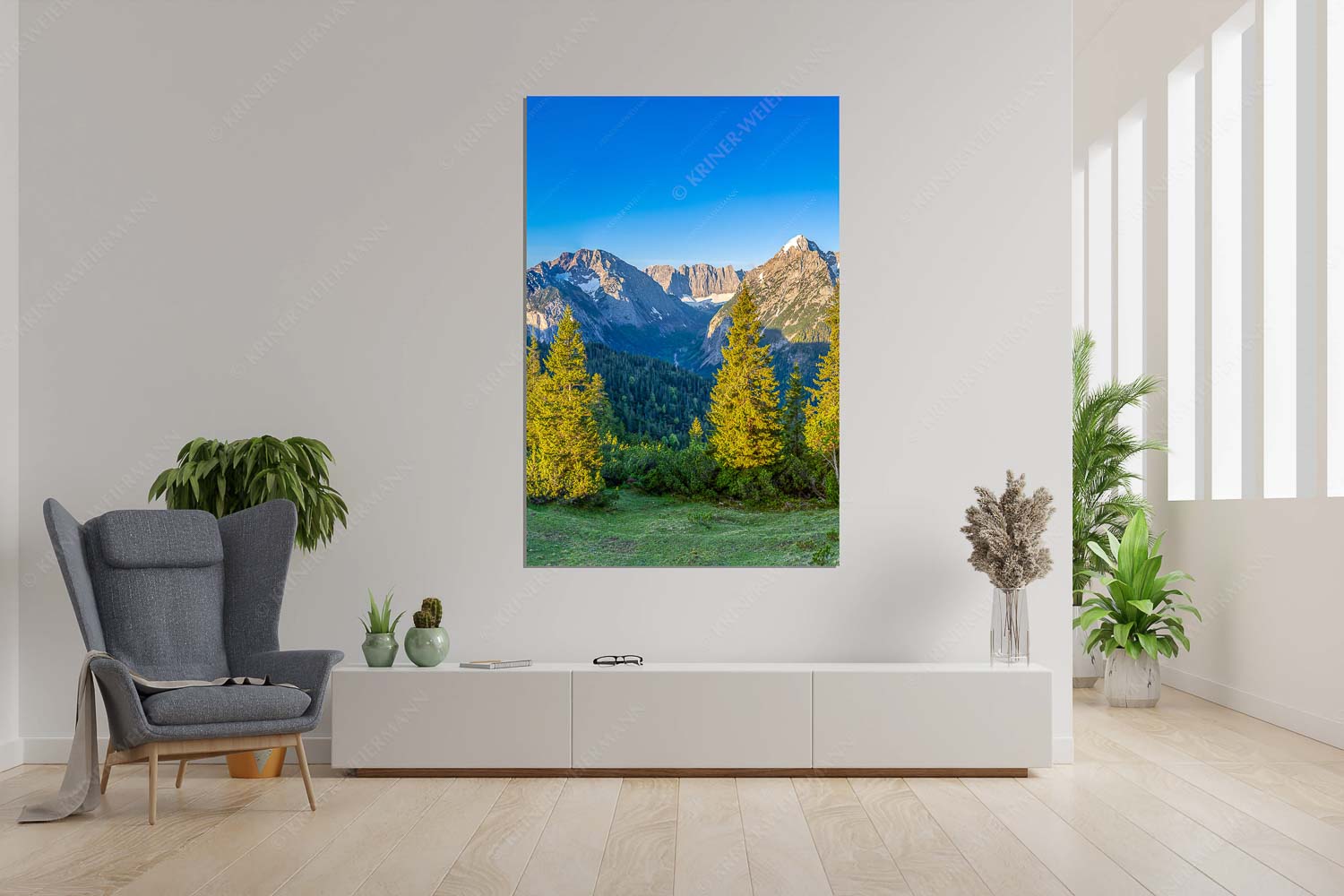 Warmes Morgenlicht – Größe ca. 120x180cm, Seitenverhältnis 2: — Gamsjoch und Falken im Karwendel Blick durchs Laliderertal im Karwendelgebirge - Warmes Morgenlicht - Größe ca. 120x180cm, Seitenverhältnis 2: - Gamsjoch und Falken im Karwendel - weitere Infos unter https://www.kriner-weiermann.de