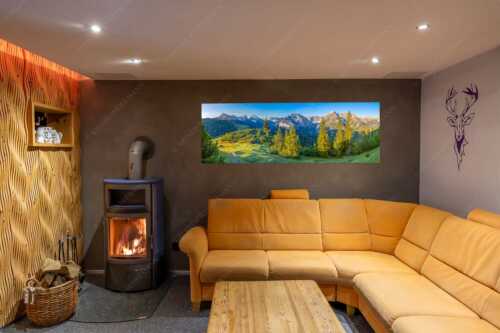 Blick durchs Laliderertal im Karwendelgebirge - Warmes Morgenlicht - Größe ca. 180x60cm, Seitenverhältnis 3:1 - Gamsjoch und Falken im Karwendel - weitere Infos unter https://www.kriner-weiermann.de