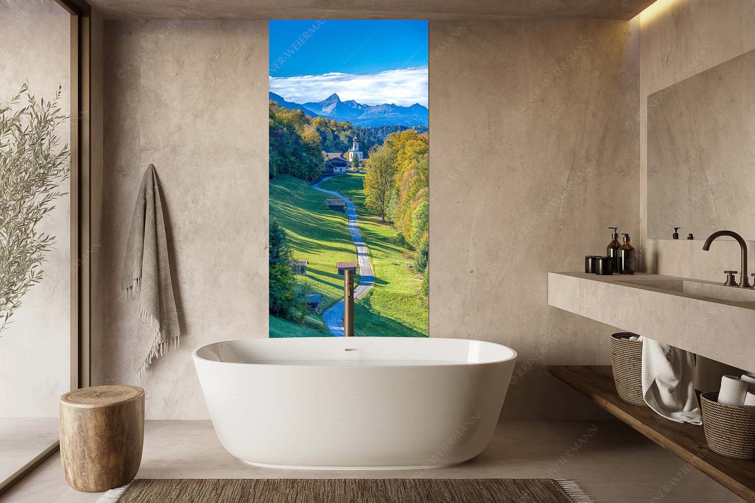 Blick über Straße nach Wamberg mit Kirche St. Anna und zum Daniel im Hintergrund - Weg zur Andacht - Größe ca. 100x200cm, Seitenverhältnis 1:2 - Wamberg mit Kirche - weitere Infos unter https://www.kriner-weiermann.de