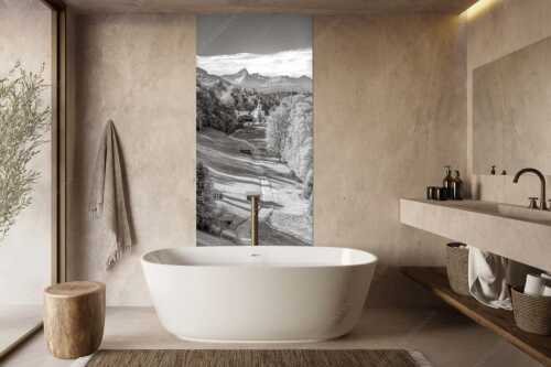 Blick über Straße nach Wamberg mit Kirche St. Anna und zum Daniel im Hintergrund - Weg zur Andacht - Größe ca. 100x200cm, Seitenverhältnis 1:2 - Wamberg mit Kirche - weitere Infos unter https://www.kriner-weiermann.de