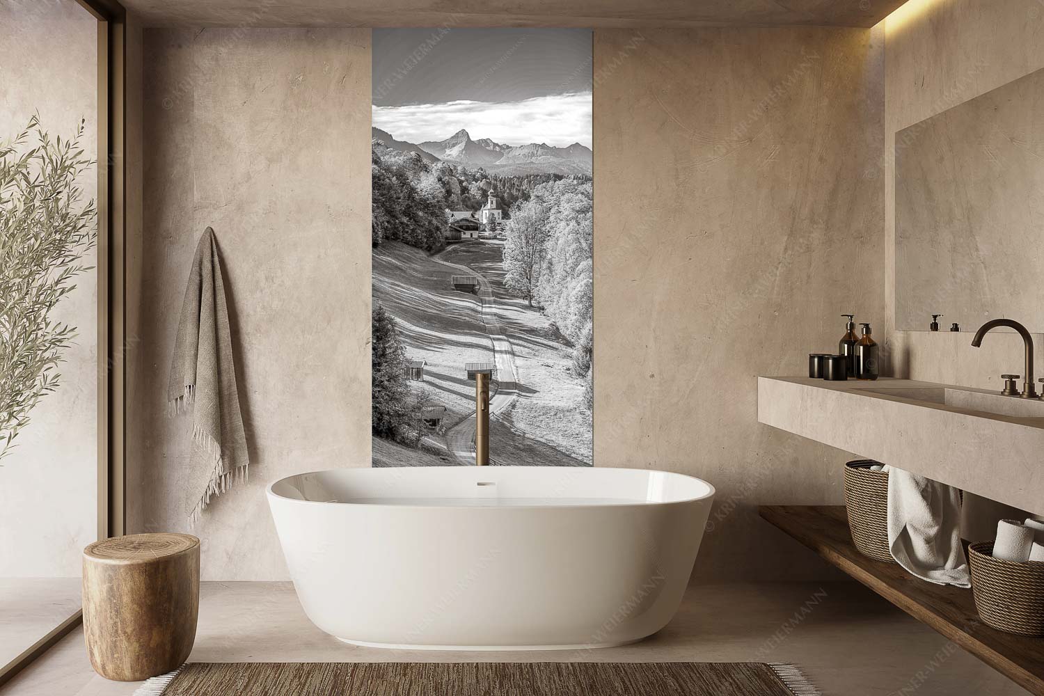 Blick über Straße nach Wamberg mit Kirche St. Anna und zum Daniel im Hintergrund - Weg zur Andacht - Größe ca. 100x200cm, Seitenverhältnis 1:2 - Wamberg mit Kirche - weitere Infos unter https://www.kriner-weiermann.de