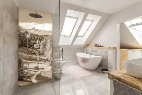 Blick über Straße nach Wamberg mit Kirche St. Anna und zum Daniel im Hintergrund - Weg zur Andacht - Größe ca. 110x220cm, Seitenverhältnis 1:2 - Wamberg mit Kirche - weitere Infos unter https://www.kriner-weiermann.de