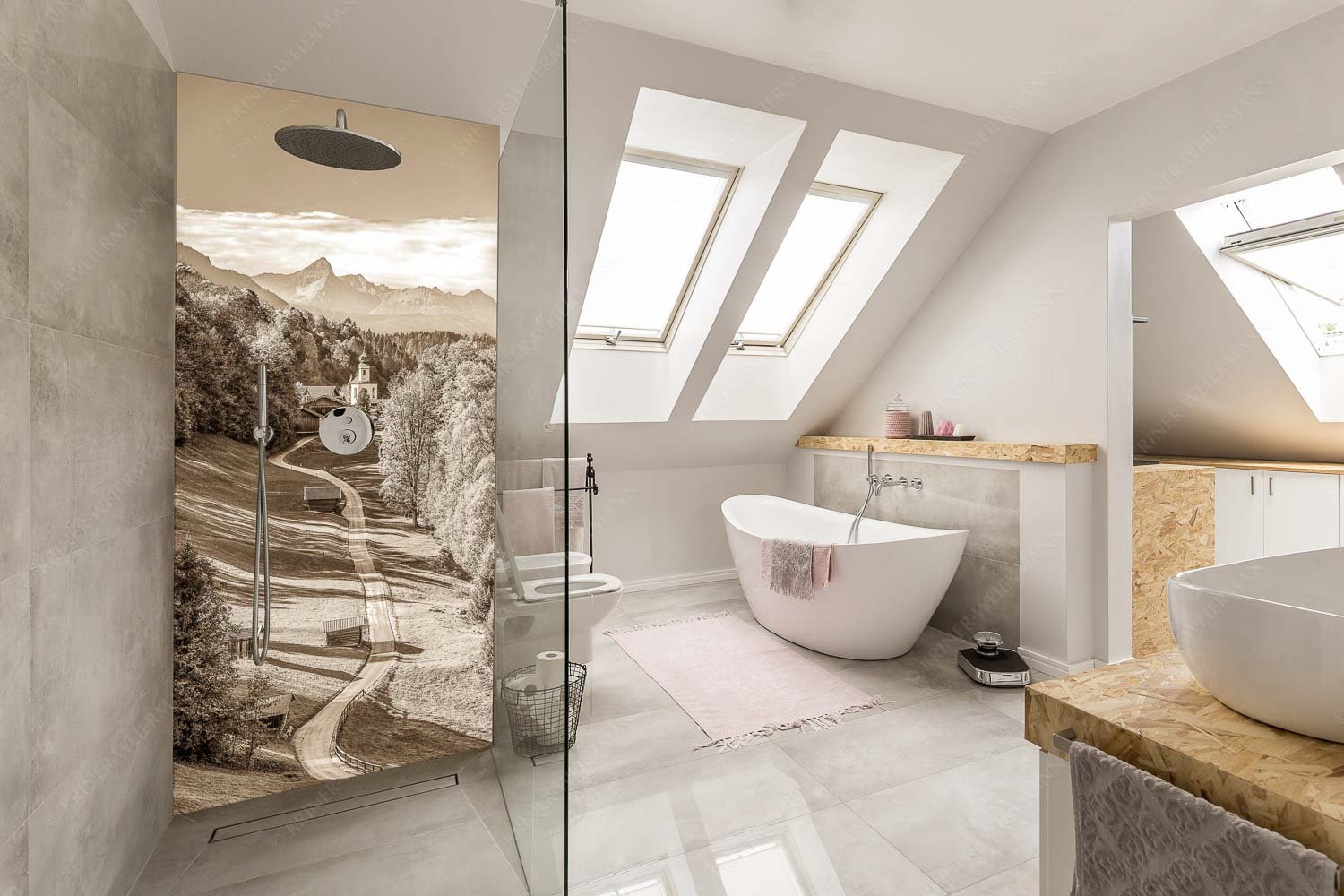 Blick über Straße nach Wamberg mit Kirche St. Anna und zum Daniel im Hintergrund - Weg zur Andacht - Größe ca. 110x220cm, Seitenverhältnis 1:2 - Wamberg mit Kirche - weitere Infos unter https://www.kriner-weiermann.de