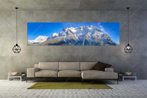 Blick auf das Karwendel mit der Viererspitze von Mittenwald - Wenig Schnee - Größe ca. 320x80cm, Seitenverhältnis 4:1 - Karwendelblick von Mittenwald - weitere Infos unter https://www.kriner-weiermann.de