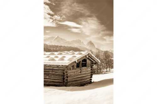 Traditioneller, Schindelgedeckter Heustadel mit Zugspitzmassiv im Wetterstein - Werdenfelser Stadel - Seitenverhältnis 2:3 - Heustadel im Winter - weitere Infos unter https://www.kriner-weiermann.de