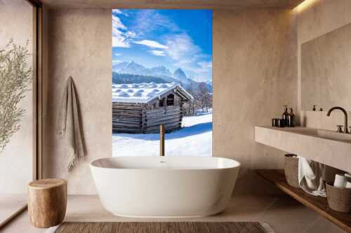 Traditioneller, Schindelgedeckter Heustadel mit Zugspitzmassiv im Wetterstein - Werdenfelser Stadel - Größe ca. 160x240cm, Seitenverhältnis 2:3 - Heustadel im Winter - weitere Infos unter https://www.kriner-weiermann.de