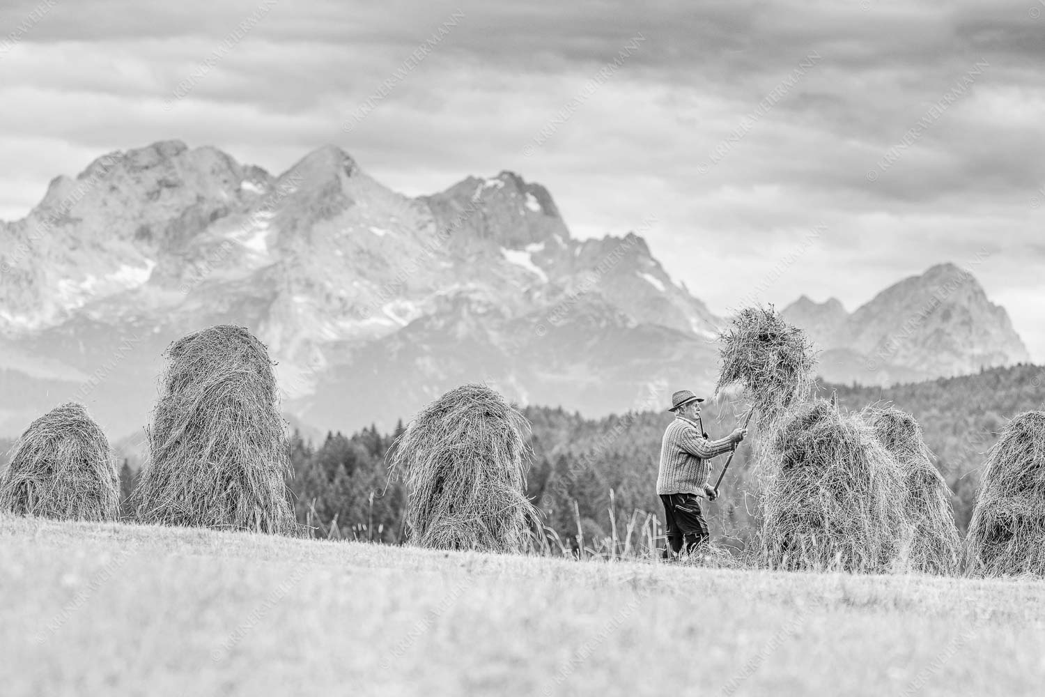 Wia friahra – Seitenverhältnis 3:2 — Heuarbeit Heustankern Stanker vor Zugspitzmassiv mit Hochblassen, Alpspitze, Zugspitze und Waxenstein