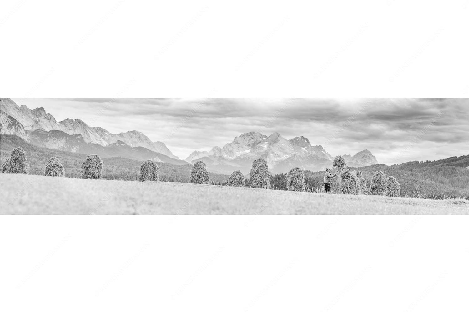 Wia friahra – Seitenverhältnis 4:1 — Heuarbeit Heustankern Stanker vor Zugspitzmassiv mit Hochblassen, Alpspitze, Zugspitze und Waxenstein