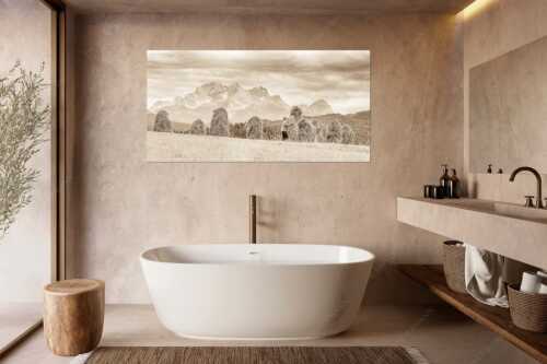 Stanker vor Zugspitzmassiv mit Hochblassen, Alpspitze, Zugspitze und Waxenstein - Wia friahra - Größe ca. 180x90cm, Seitenverhältnis 2:1 - Heuarbeit Heustankern - weitere Infos unter https://www.kriner-weiermann.de