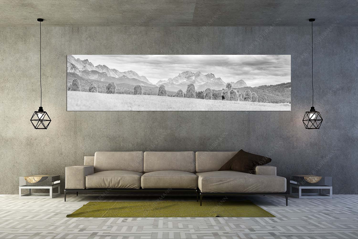 Wia friahra – Wandbild – Größe ca. 320x80cm, Seitenverhältnis 4:1 — Heuarbeit Heustankern Stanker vor Zugspitzmassiv mit Hochblassen, Alpspitze, Zugspitze und Waxenstein - Wia friahra - Wandbild - Größe ca. 320x80cm, Seitenverhältnis 4:1 - Heuarbeit Heustankern - weitere Infos unter https://www.kriner-weiermann.de